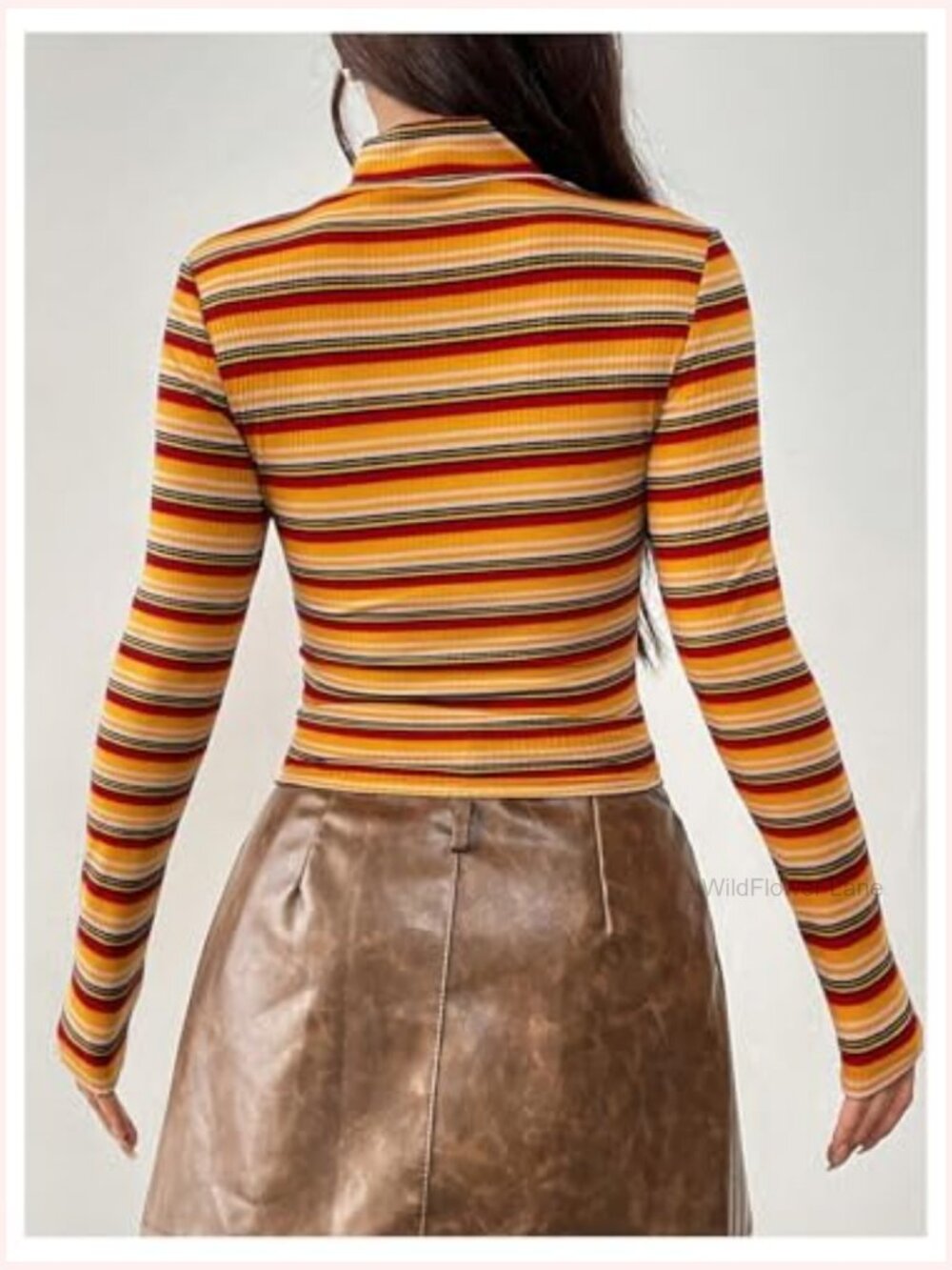 Long Sleeve Mock Neck Slim Fit Striped T-Shirt Top - Picture 2 of 6